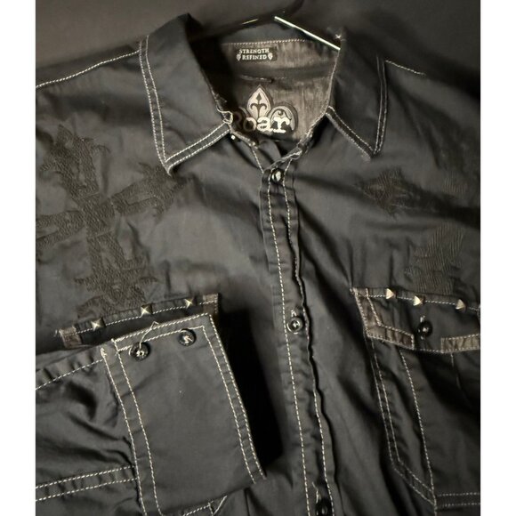 ROAR Black Cross Embroidered Long Sleeve Button Shirt Mens 3XL Grunge Y2K - Picture 1 of 7